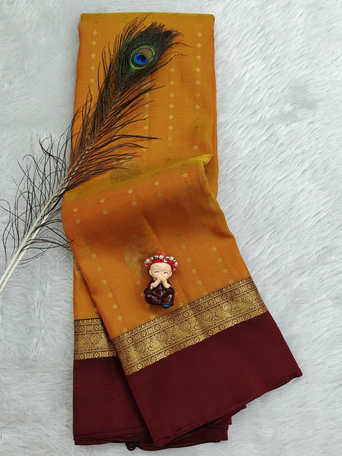 Mustard Orange Pure Silk with Maroon Border