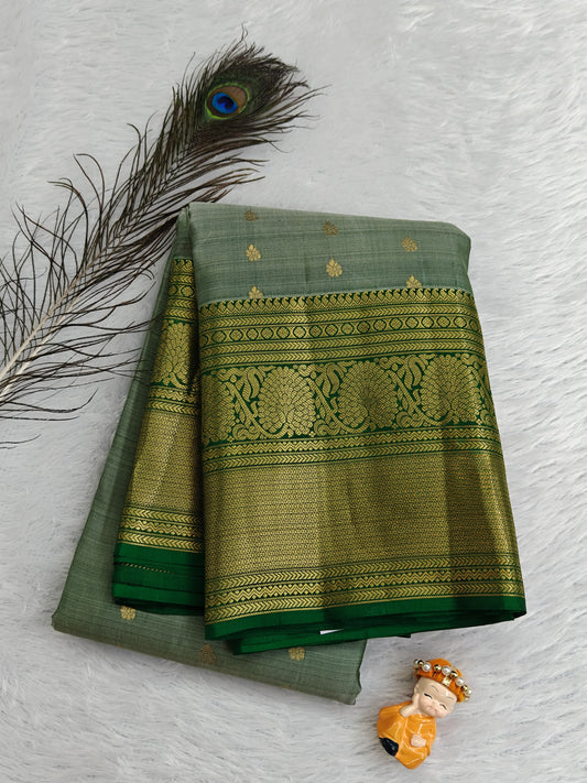 Grey Pure Silk Saree With Green Border