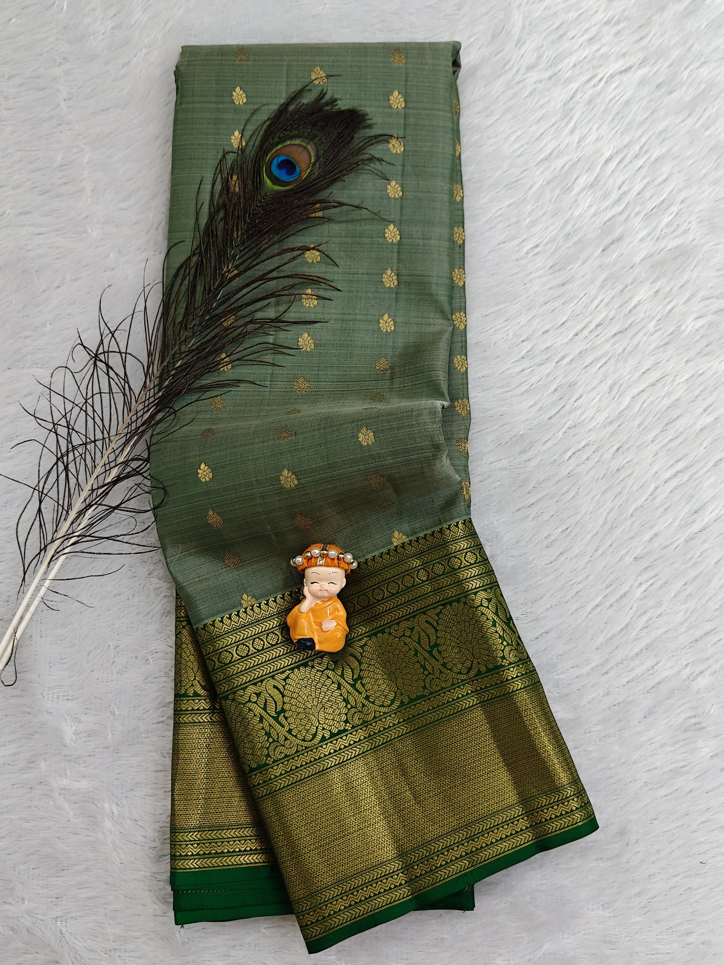 Grey Pure Silk Saree With Green Border