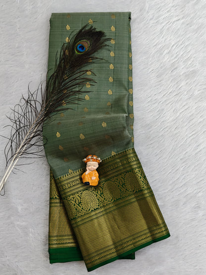 Grey Pure Silk Saree With Green Border