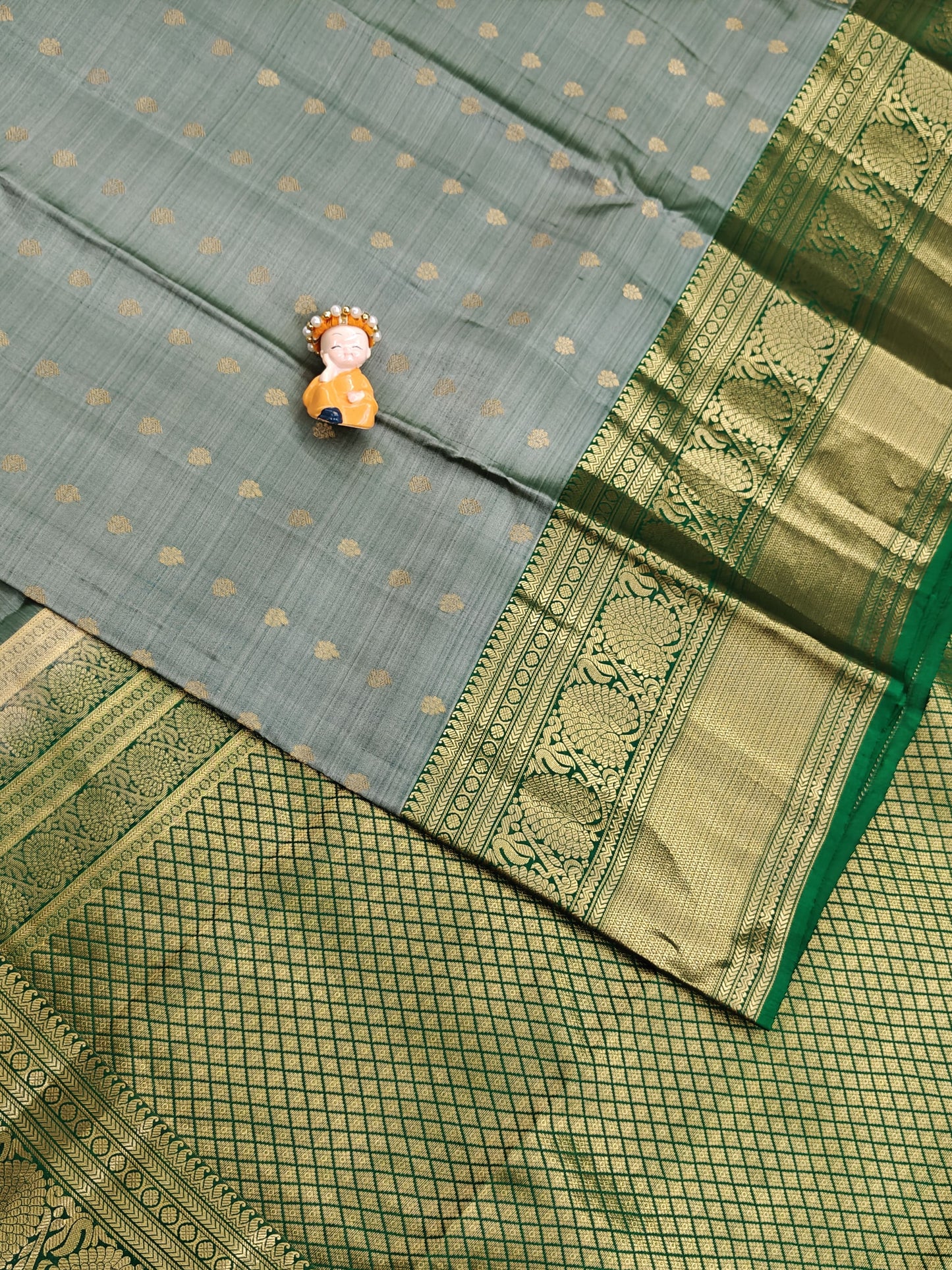 Grey Pure Silk Saree With Green Border