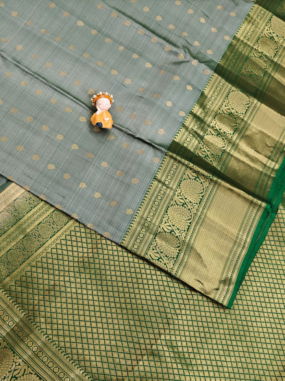 Grey Pure Silk Saree With Green Border