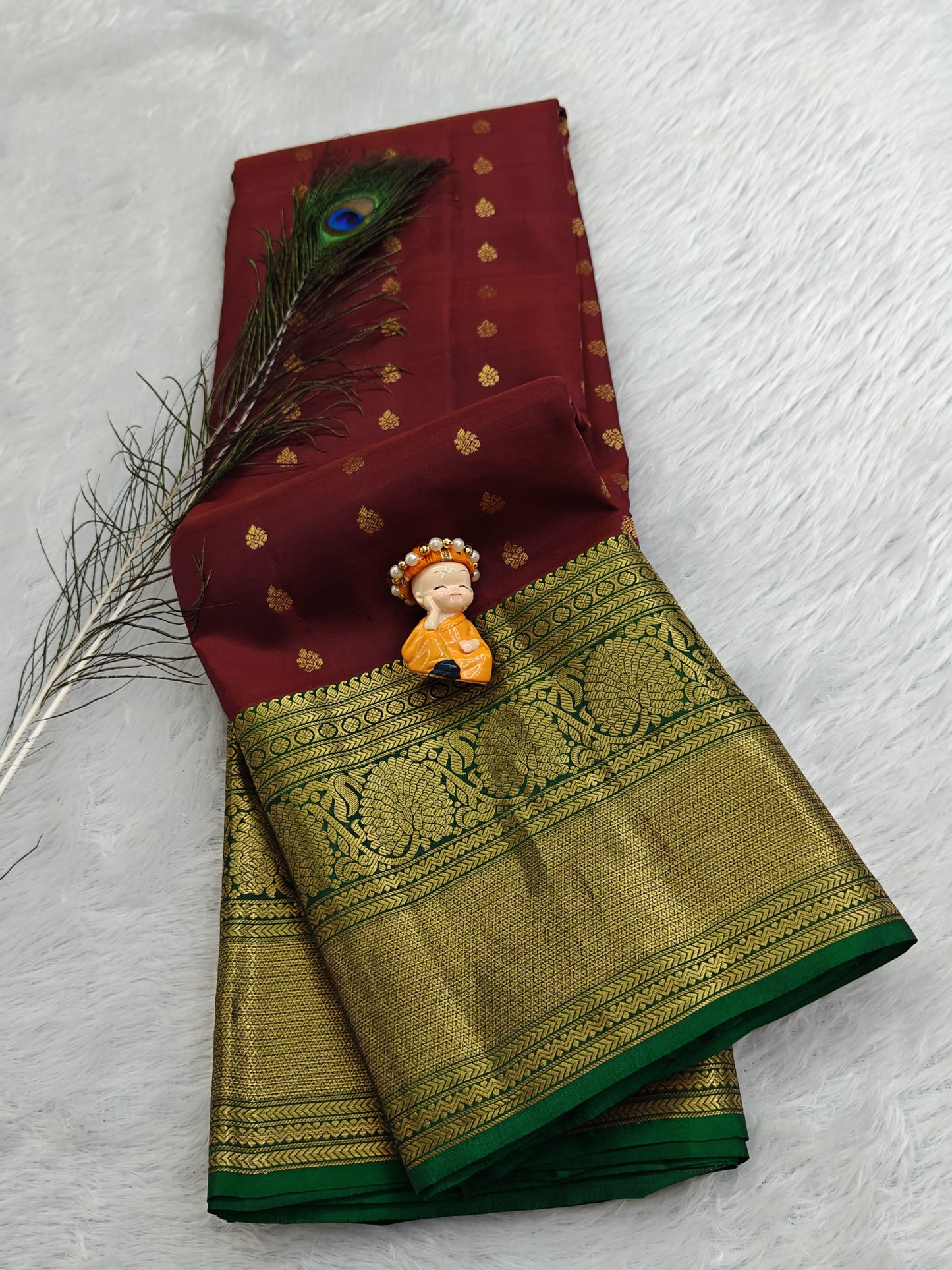 Maroon Pure Silk Saree With Green Border