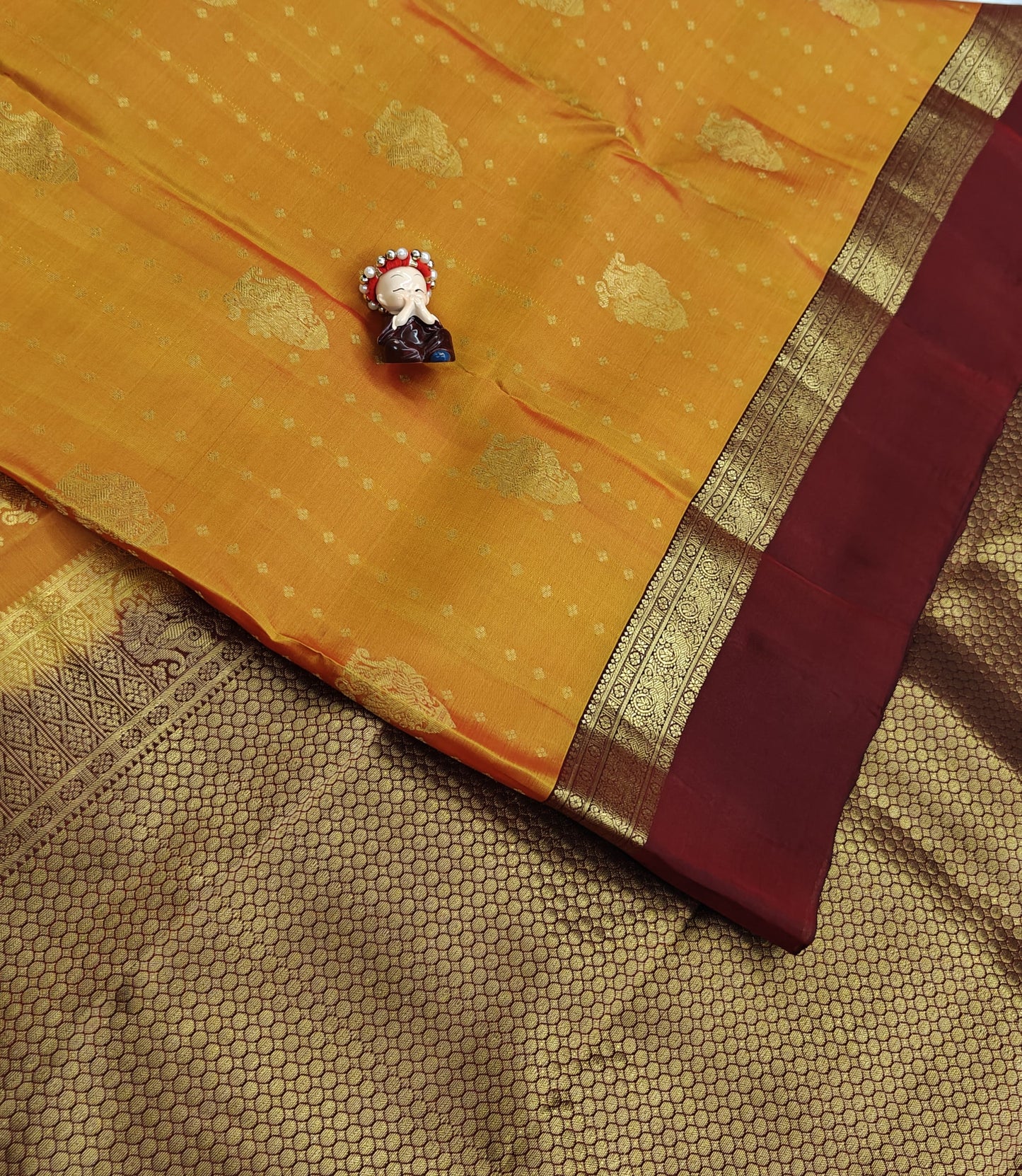 Mustard Orange Pure Silk with Maroon Border