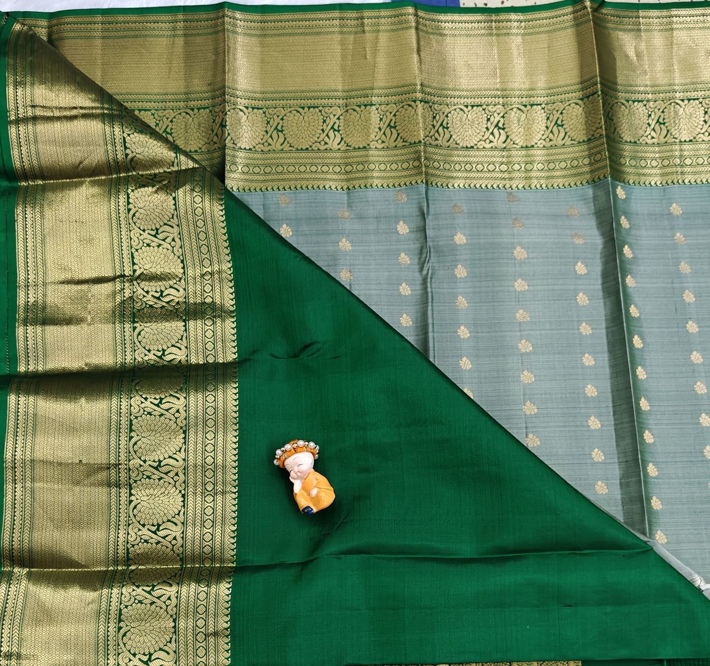Grey Pure Silk Saree With Green Border