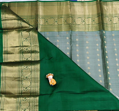 Grey Pure Silk Saree With Green Border