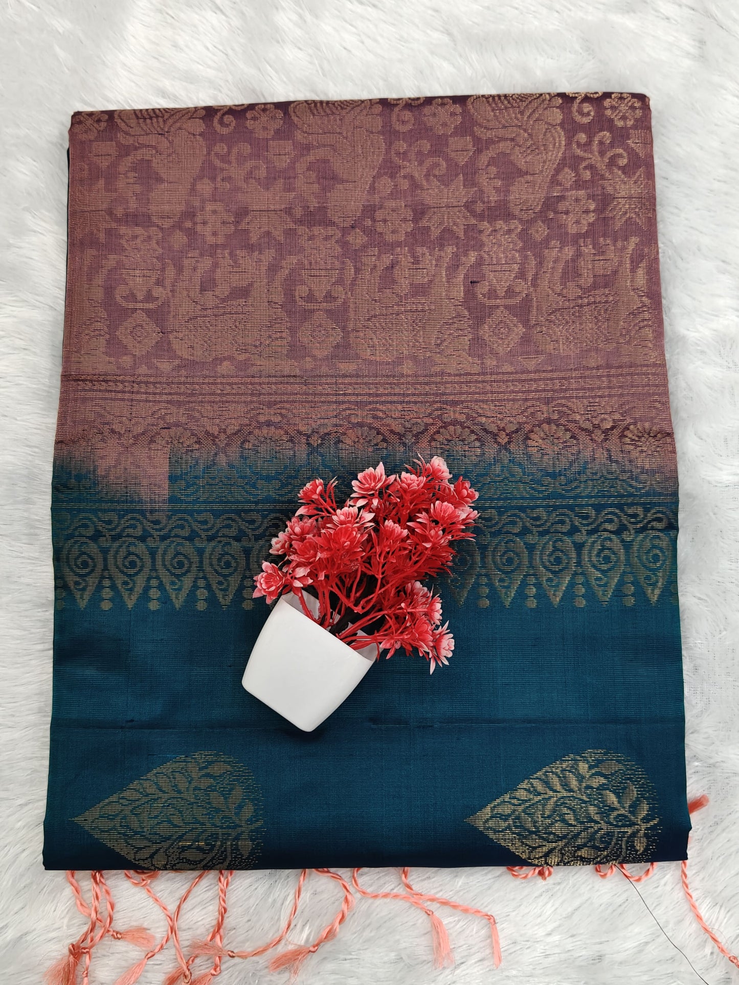Peacock Blue with Peach Soft Silk Saree