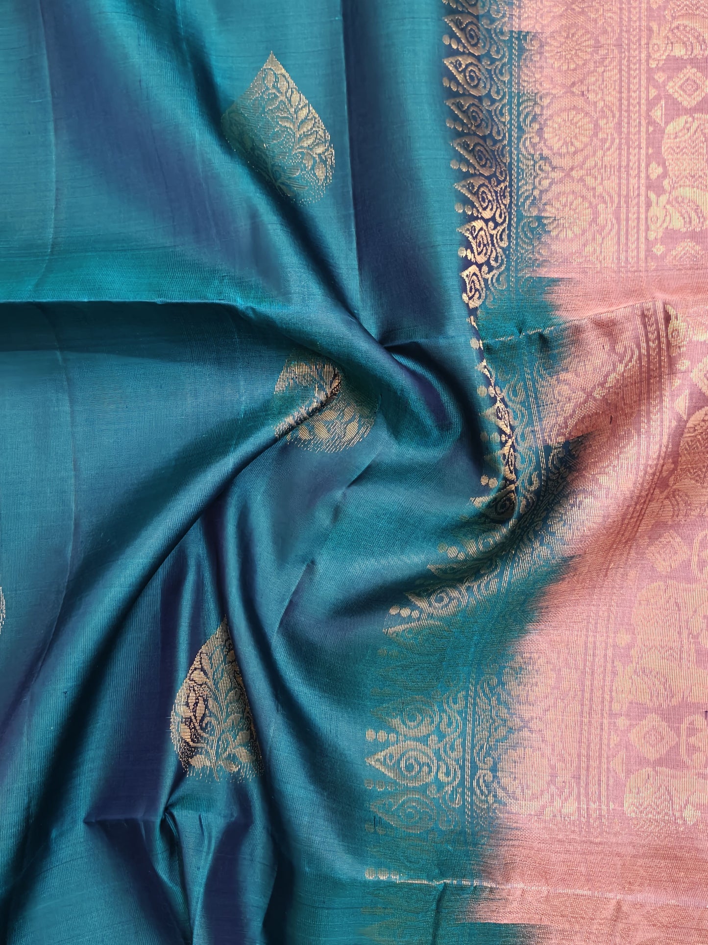 Peacock Blue with Peach Soft Silk Saree