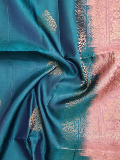 Peacock Blue with Peach Soft Silk Saree