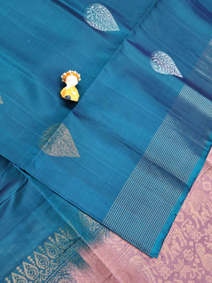 Peacock Blue with Peach Soft Silk Saree