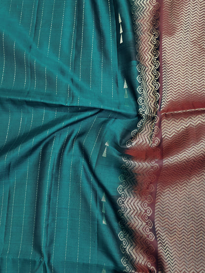 Teal Blue with Maroon Soft Silk Saree