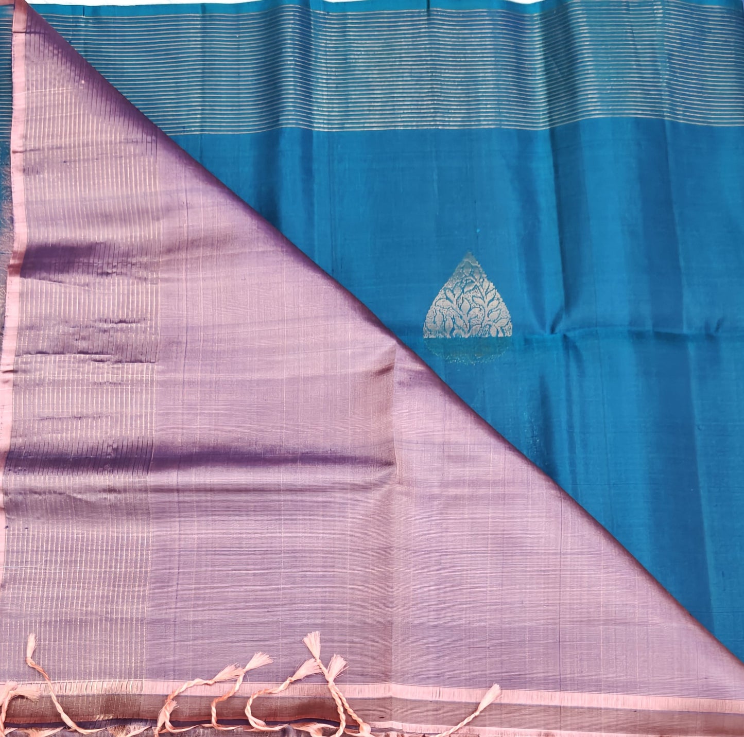 Peacock Blue with Peach Soft Silk Saree