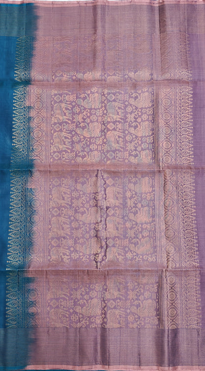 Peacock Blue with Peach Soft Silk Saree