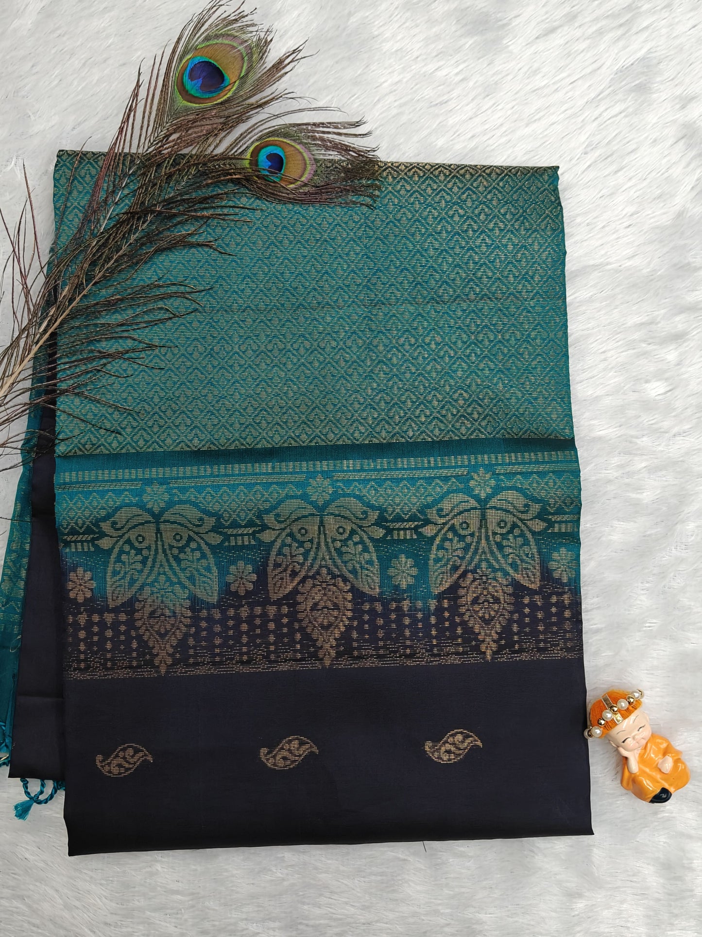 Navy Blue with Peacock Green Soft Silk Saree