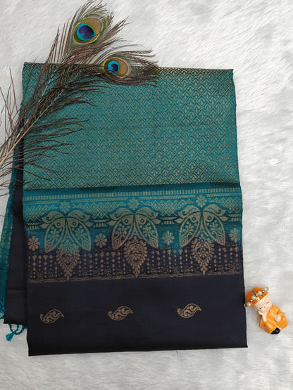 Navy Blue with Peacock Green Soft Silk Saree