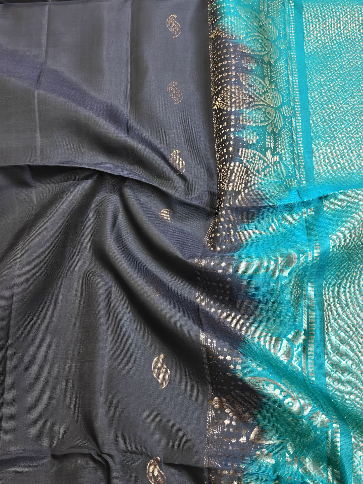 Navy Blue with Peacock Green Soft Silk Saree
