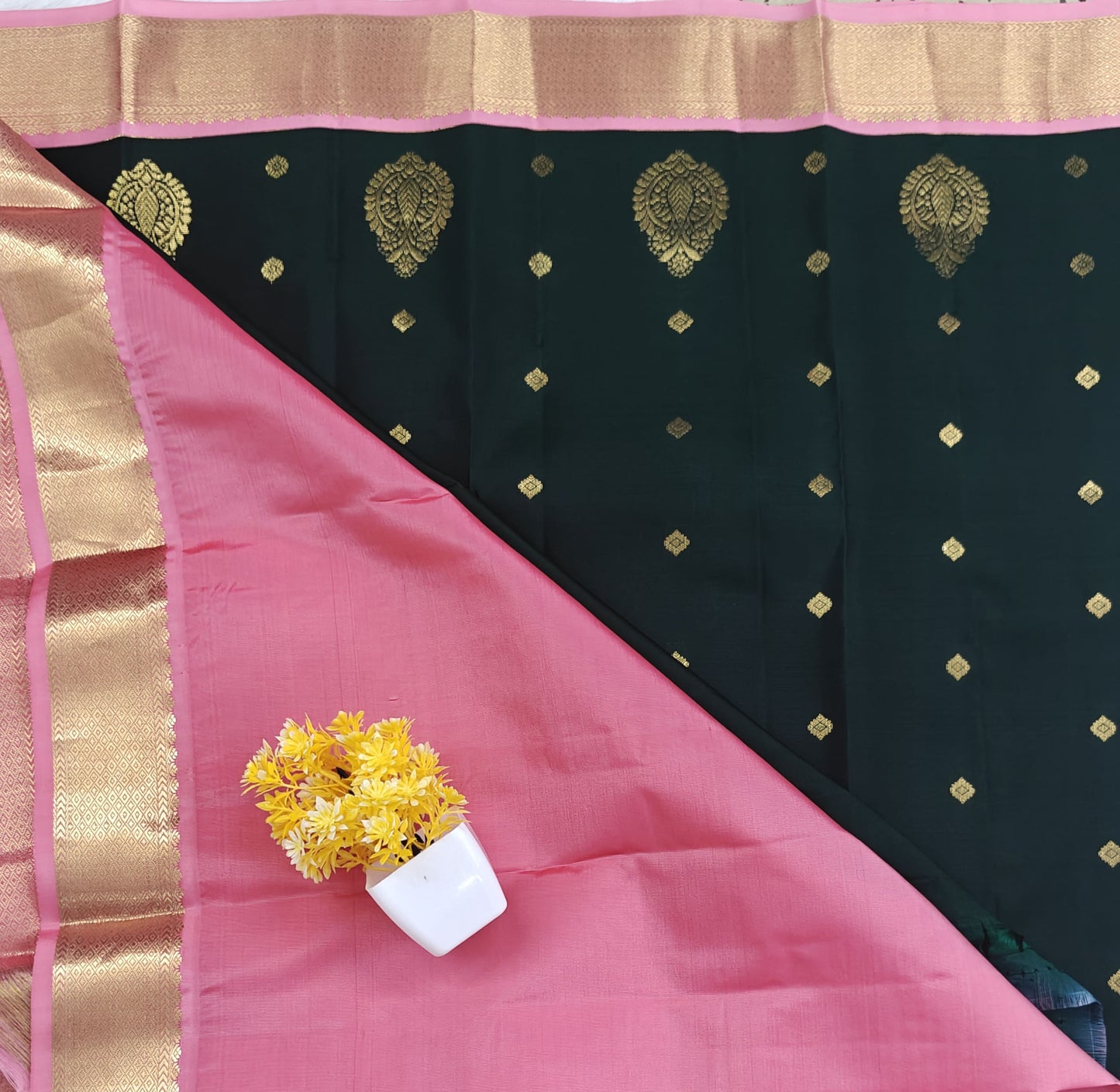 Dark Green Korvai Saree with Pink Border
