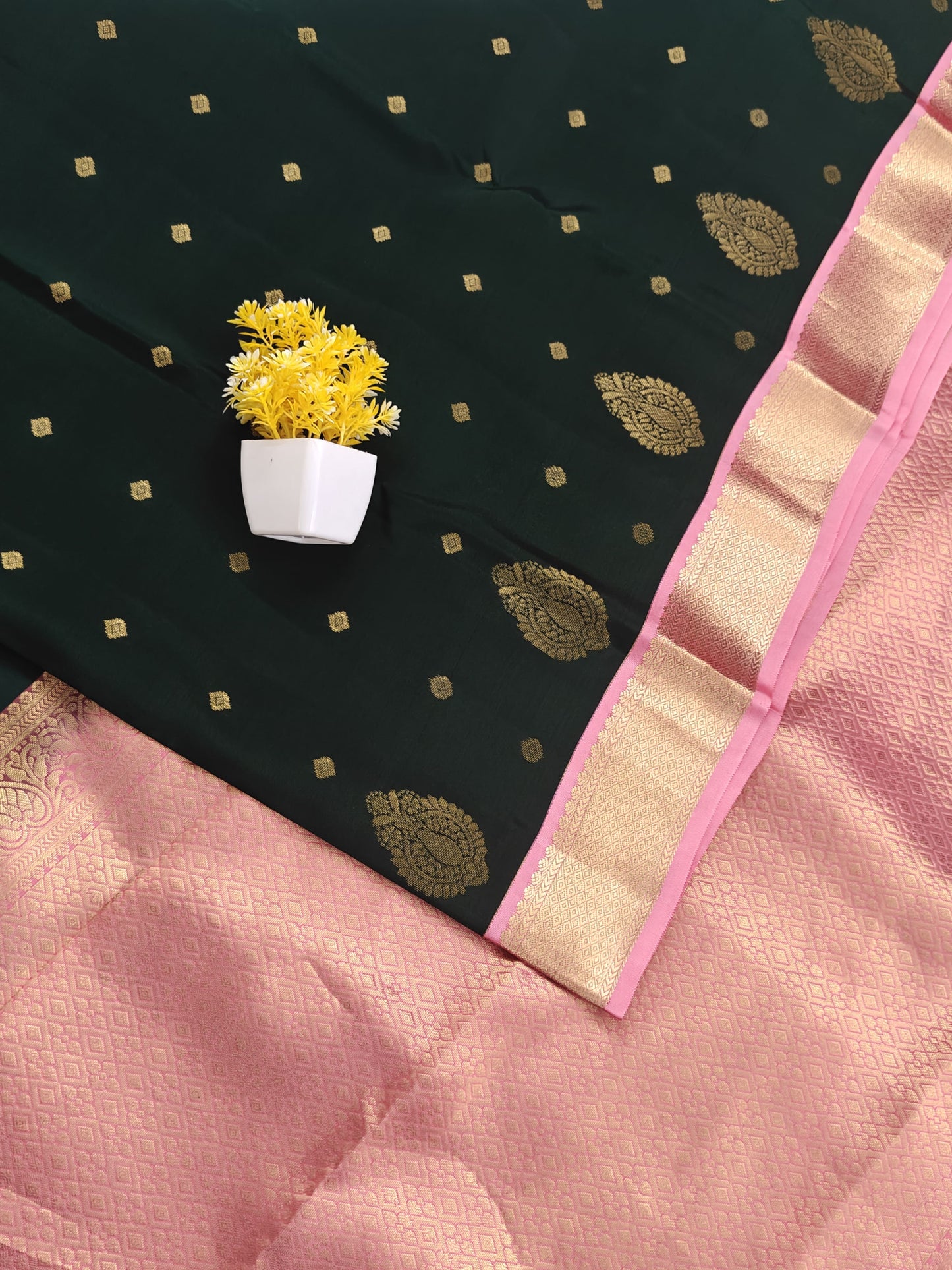 Dark Green Korvai Saree with Pink Border