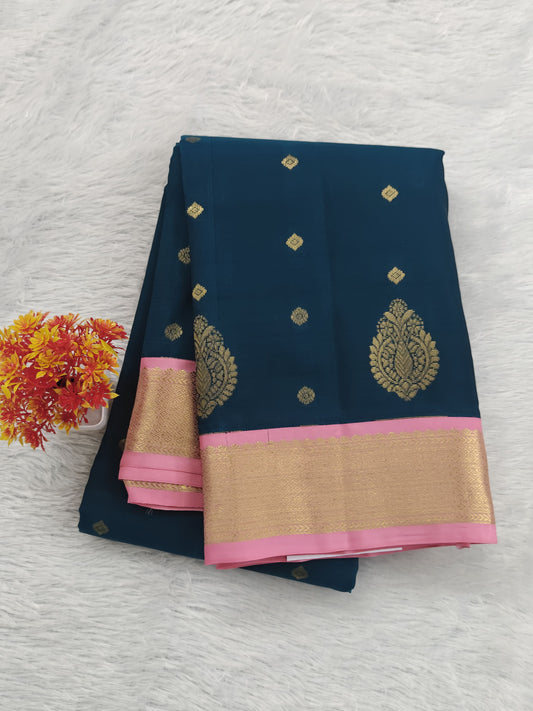 Peacock Blue Korvai Saree with Pink Border