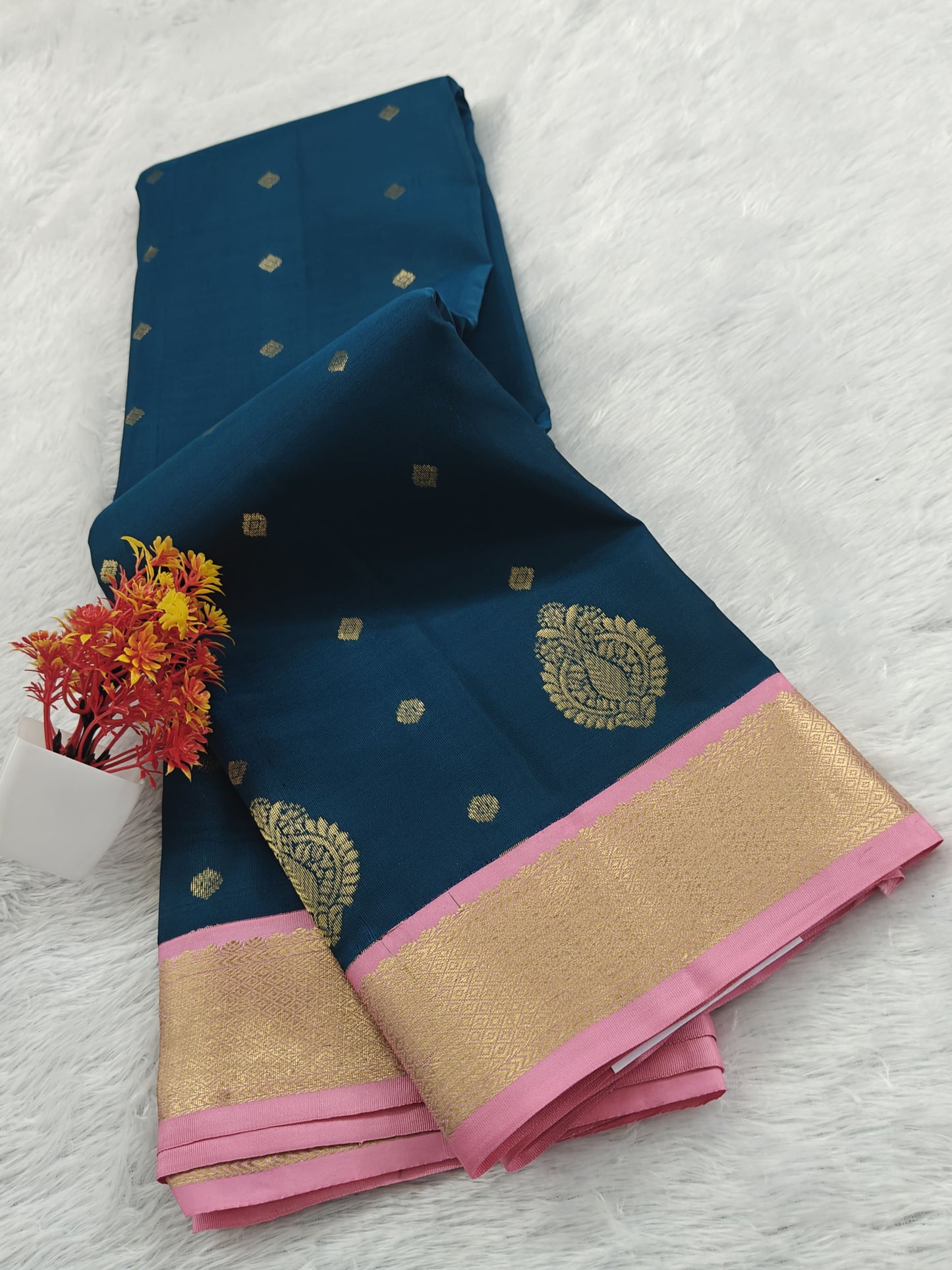 Peacock Blue Korvai Saree with Pink Border