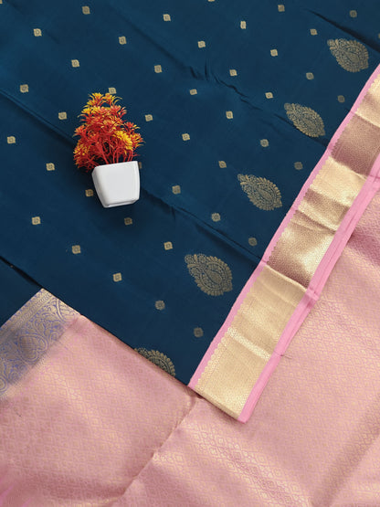 Peacock Blue Korvai Saree with Pink Border