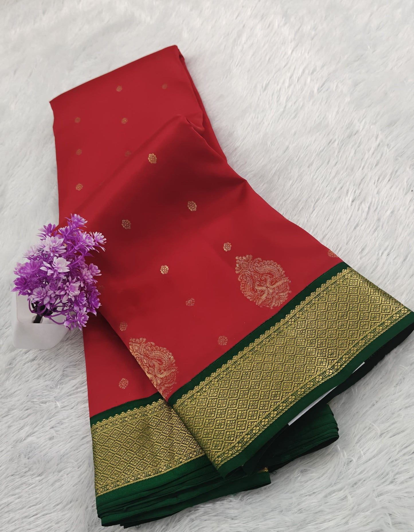 Red Korvai Saree with Dark Green Border