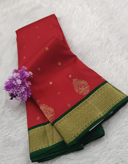 Red Korvai Saree with Dark Green Border