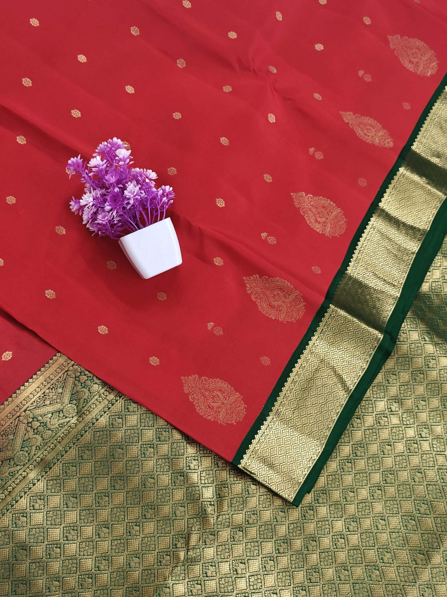 Red Korvai Saree with Dark Green Border