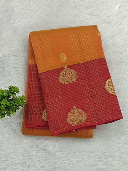 Orange Checked Pure Silk Saree with Red Border