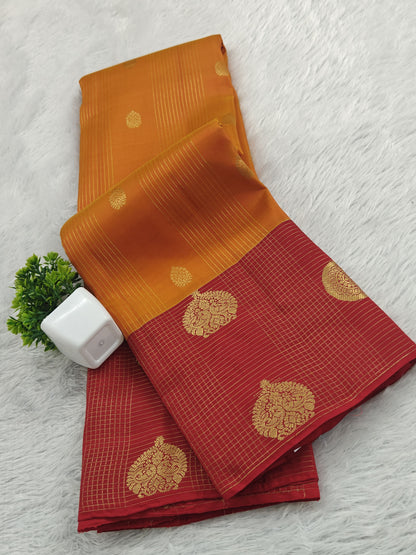 Orange Checked Pure Silk Saree with Red Border