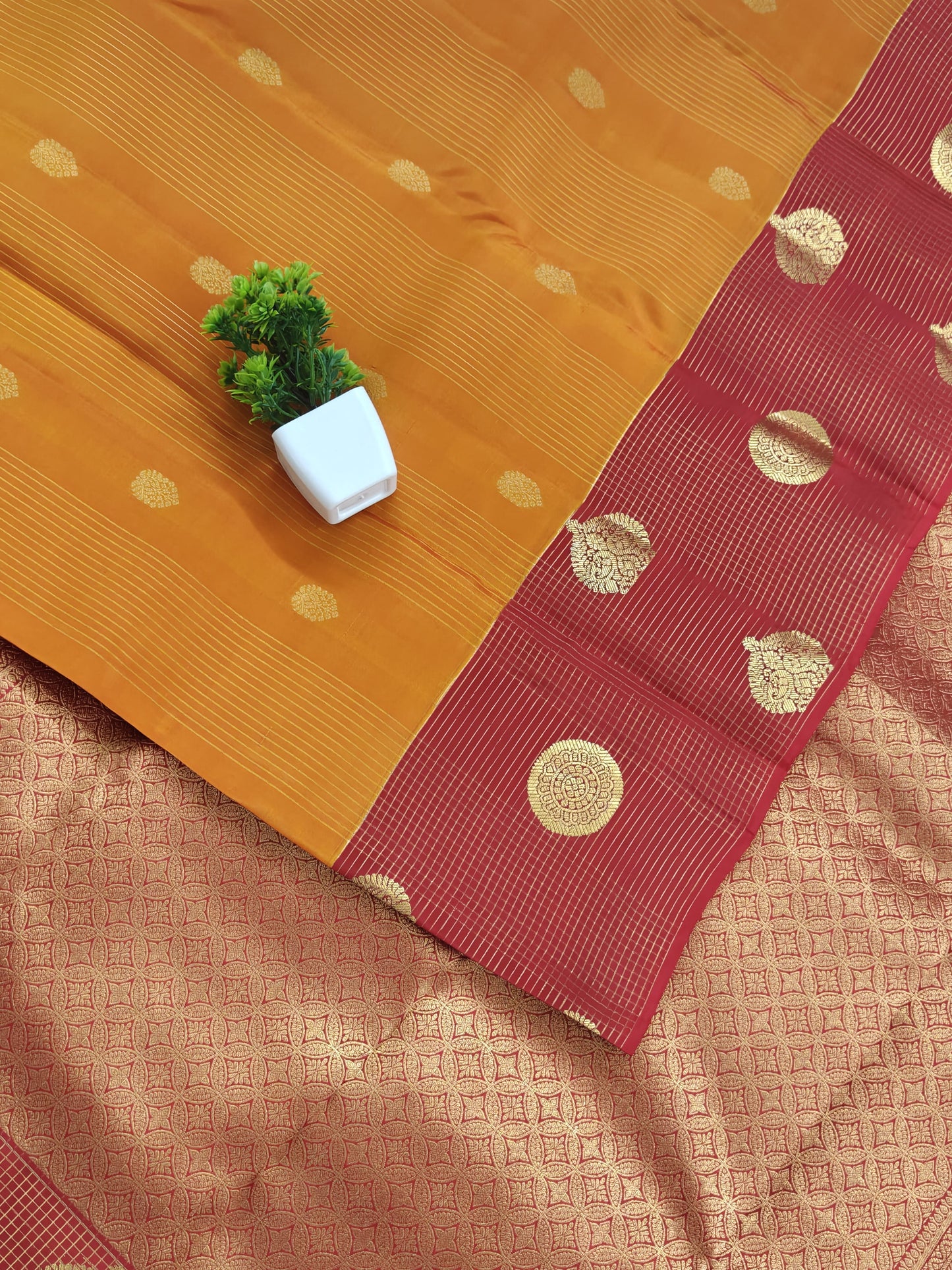 Orange Checked Pure Silk Saree with Red Border