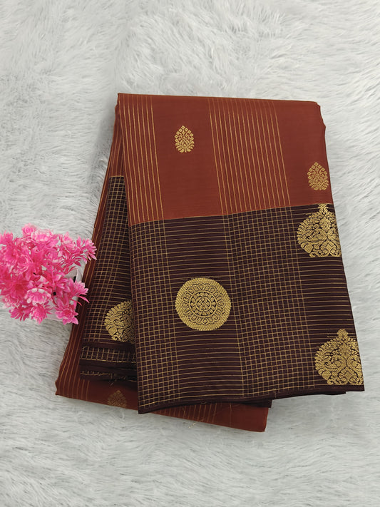 Rust Color Checked Silk Saree with Brown Border