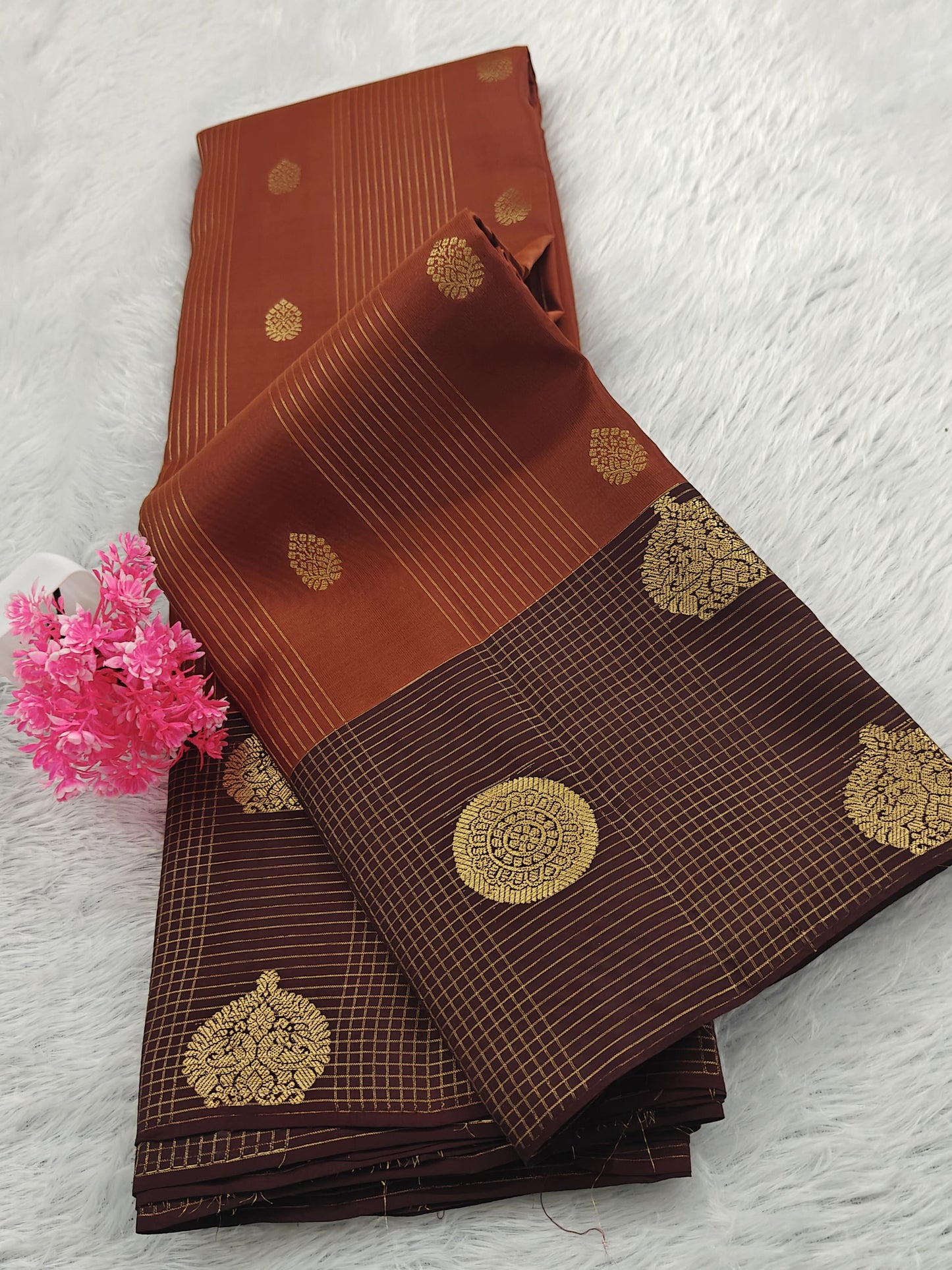 Rust Color Checked Silk Saree with Brown Border
