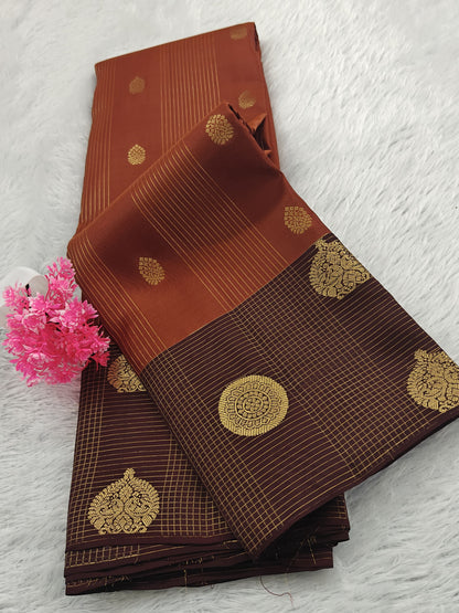 Rust Color Checked Silk Saree with Brown Border