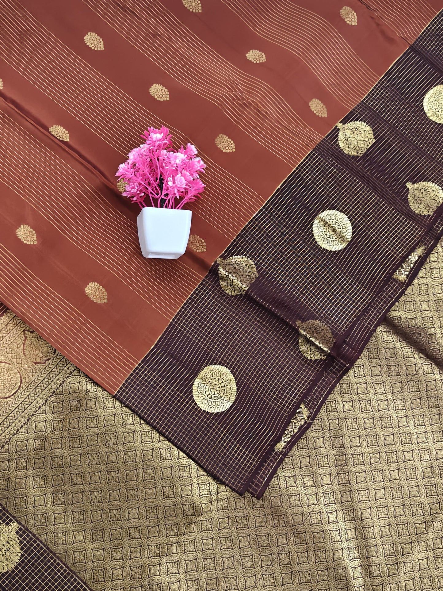 Rust Color Checked Silk Saree with Brown Border