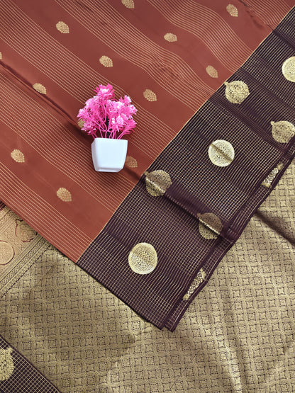 Rust Color Checked Silk Saree with Brown Border