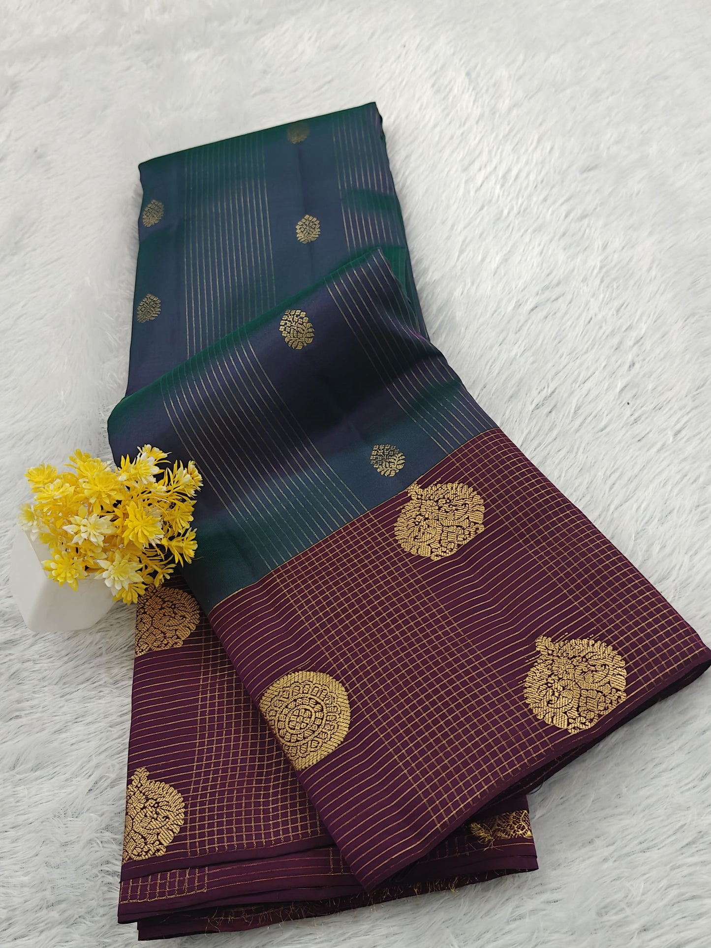 Peacock Blue Checked Silk Saree with Wine Border