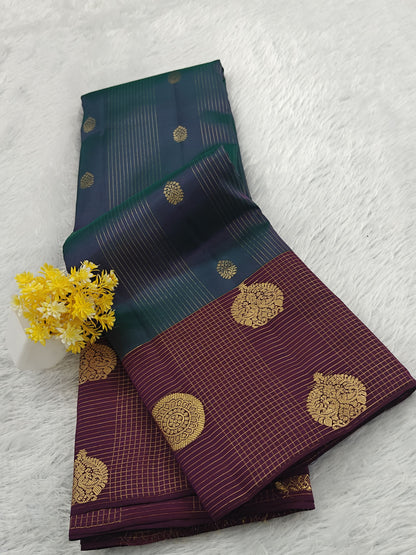 Peacock Blue Checked Silk Saree with Wine Border
