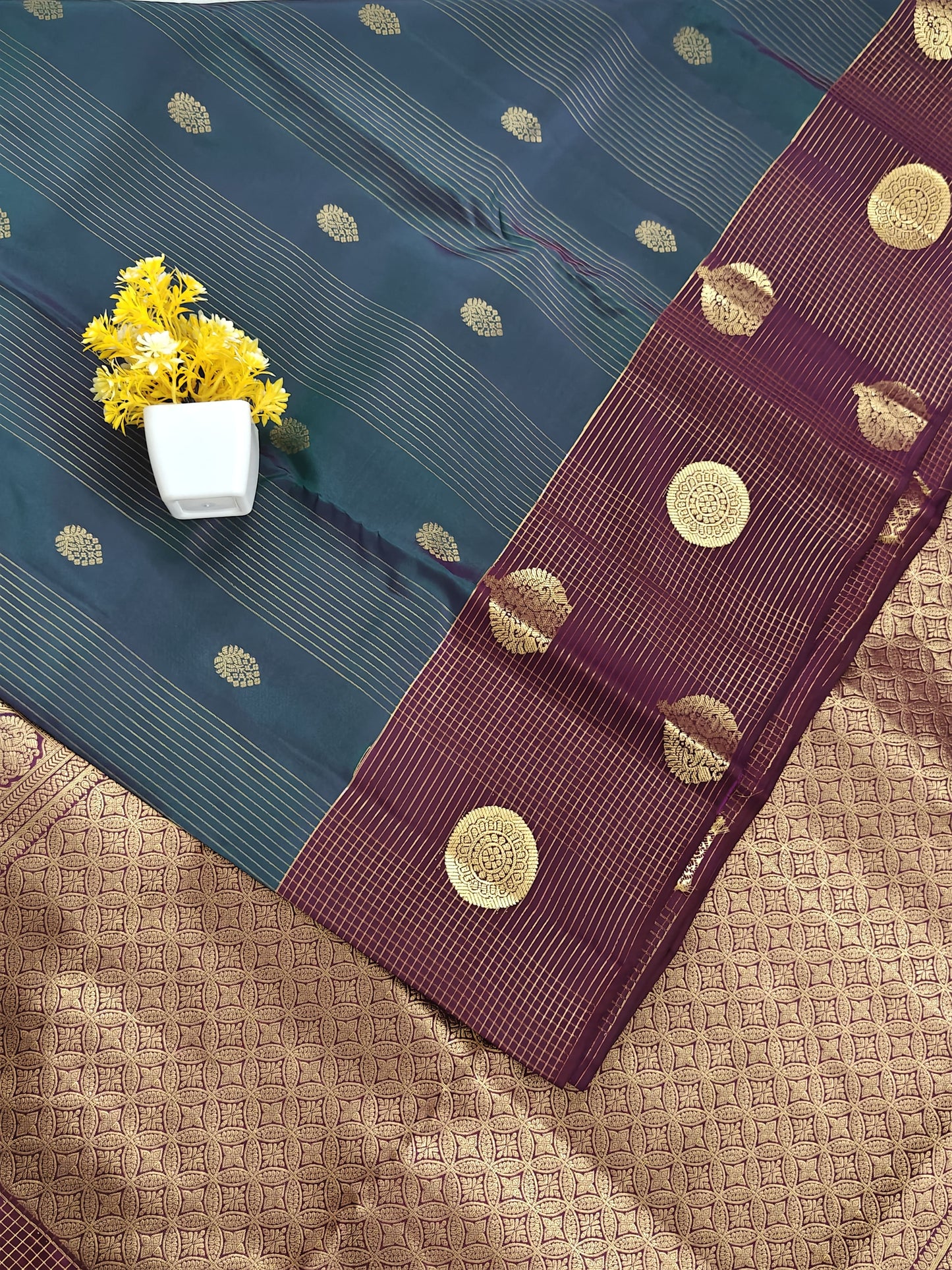 Peacock Blue Checked Silk Saree with Wine Border