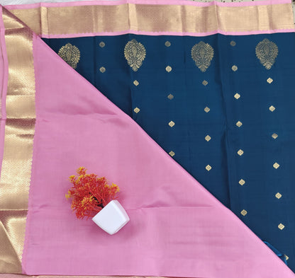 Peacock Blue Korvai Saree with Pink Border