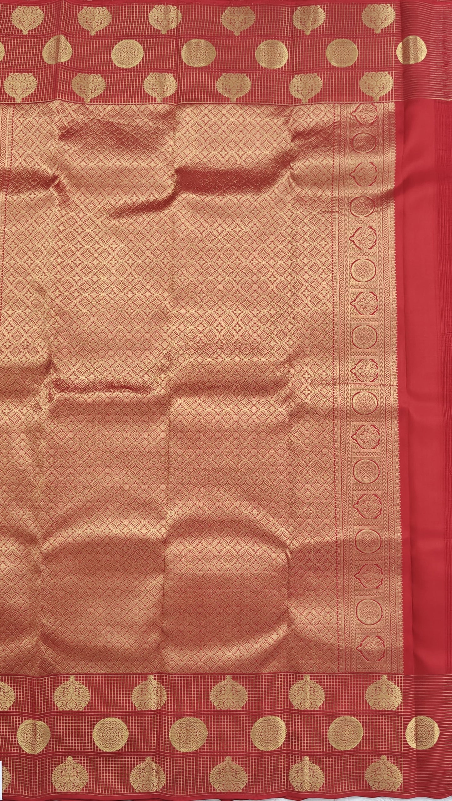 Orange Checked Pure Silk Saree with Red Border