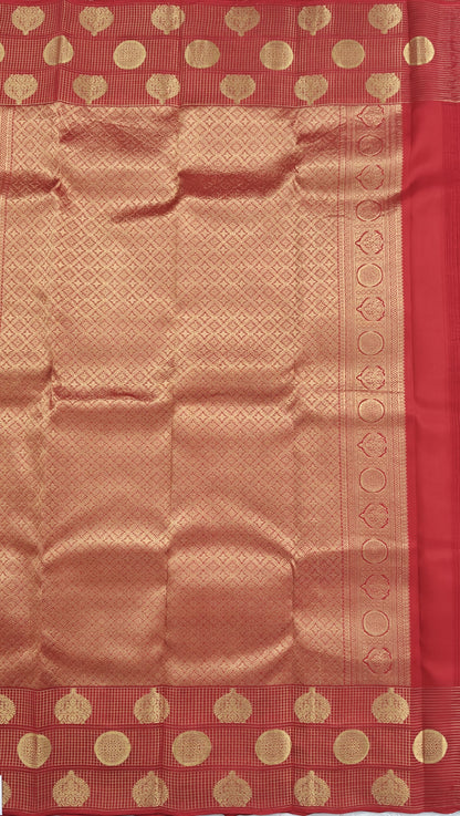 Orange Checked Pure Silk Saree with Red Border