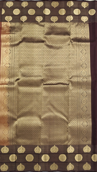 Rust Color Checked Silk Saree with Brown Border