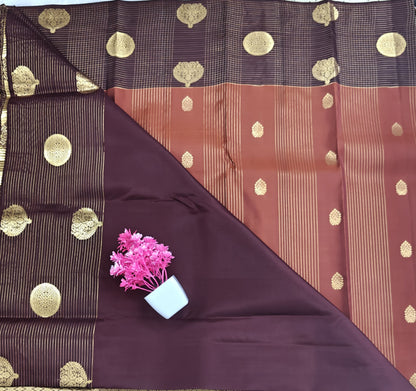 Rust Color Checked Silk Saree with Brown Border