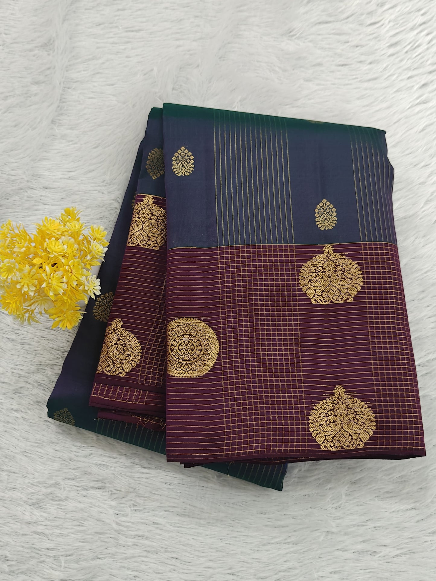 Peacock Blue Checked Silk Saree with Wine Border
