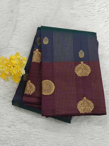 Peacock Blue Checked Silk Saree with Wine Border