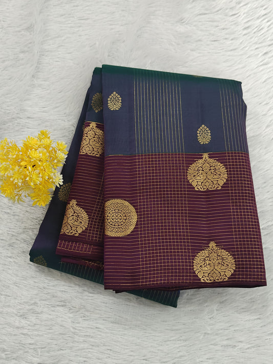 Peacock Blue Checked Silk Saree with Wine Border