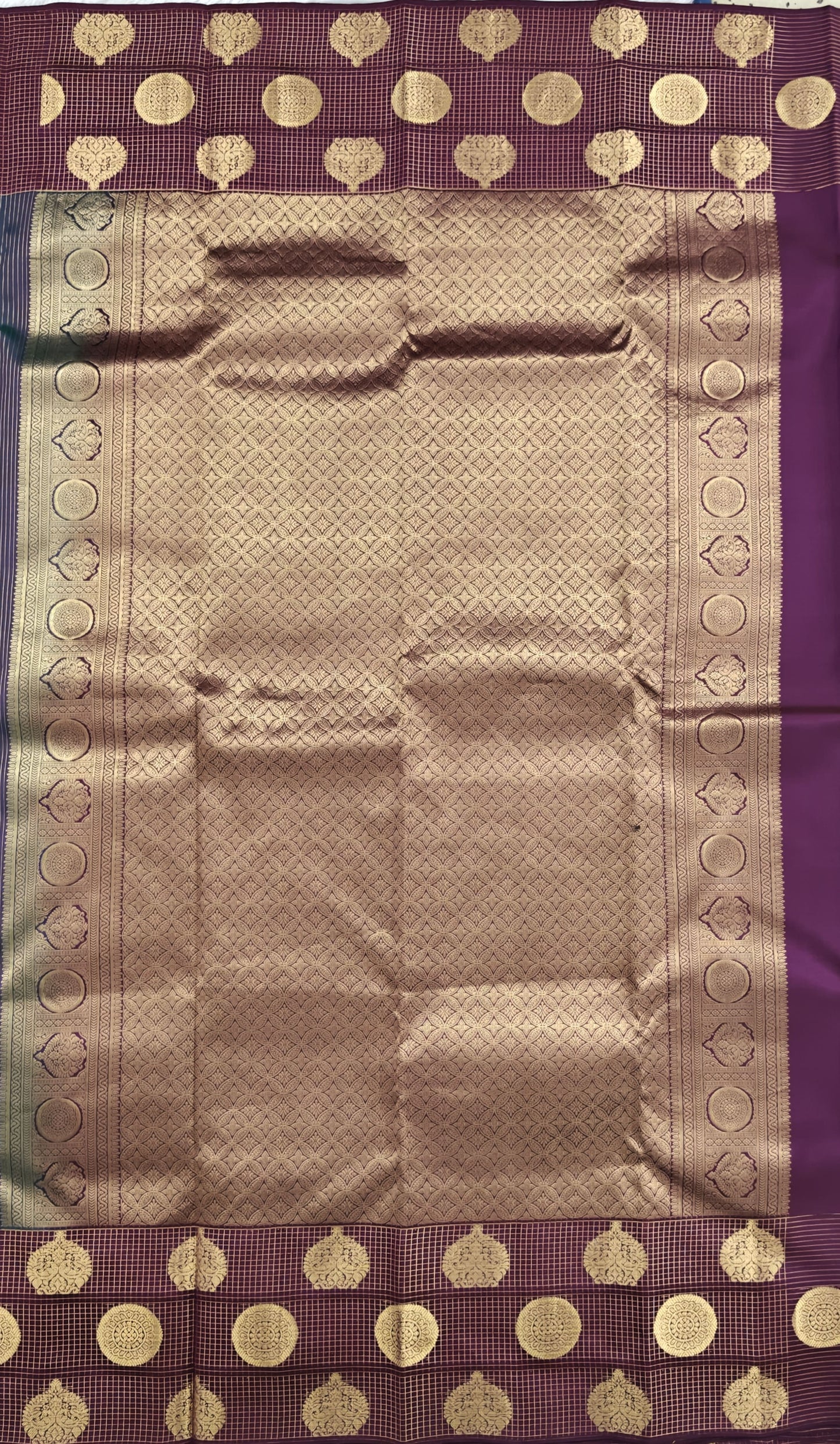 Peacock Blue Checked Silk Saree with Wine Border