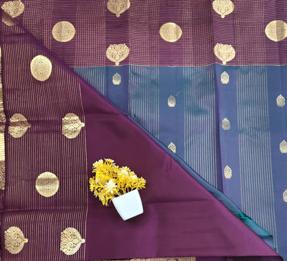 Peacock Blue Checked Silk Saree with Wine Border