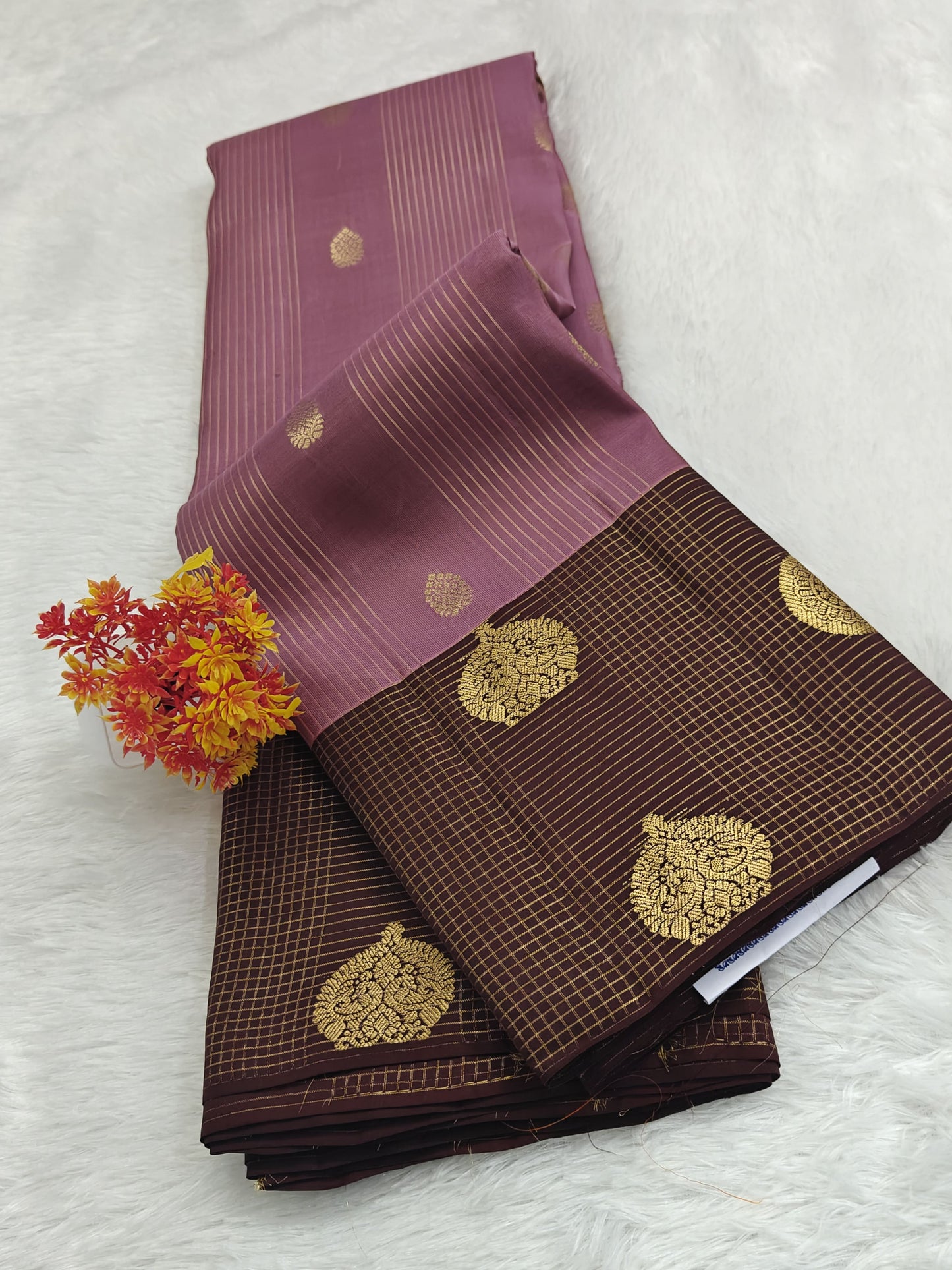 Onion Pink Checked Silk Saree with Brown Border